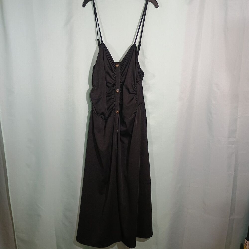 Black Midi Dress Spaghetti Strap Ruched Button Front Flowy Dress